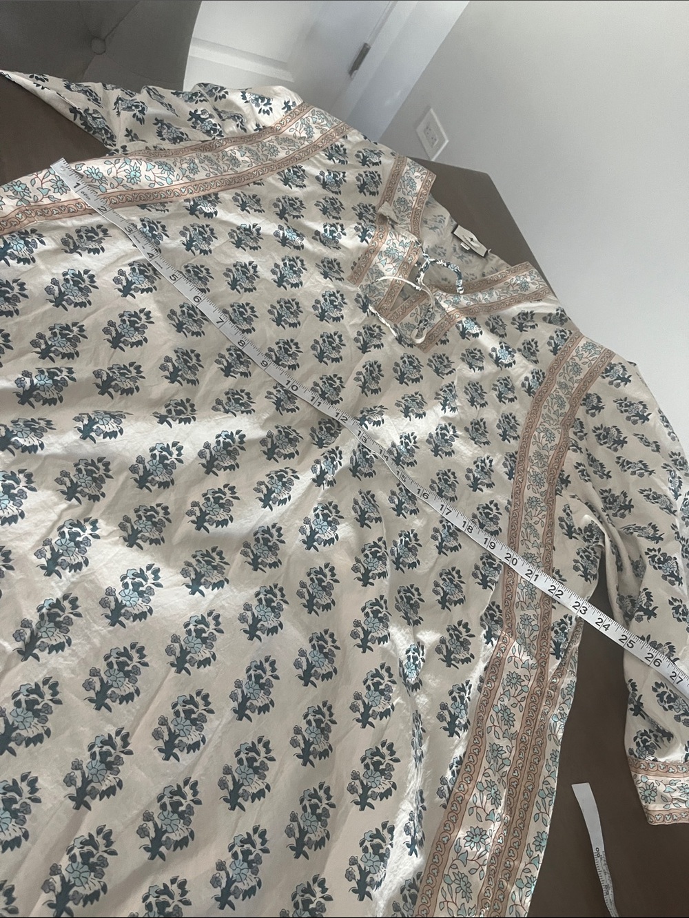 Tuckernuck Cream Midi Dress with Blue Floral Print and Tan Trim - Picture 5 of 8
